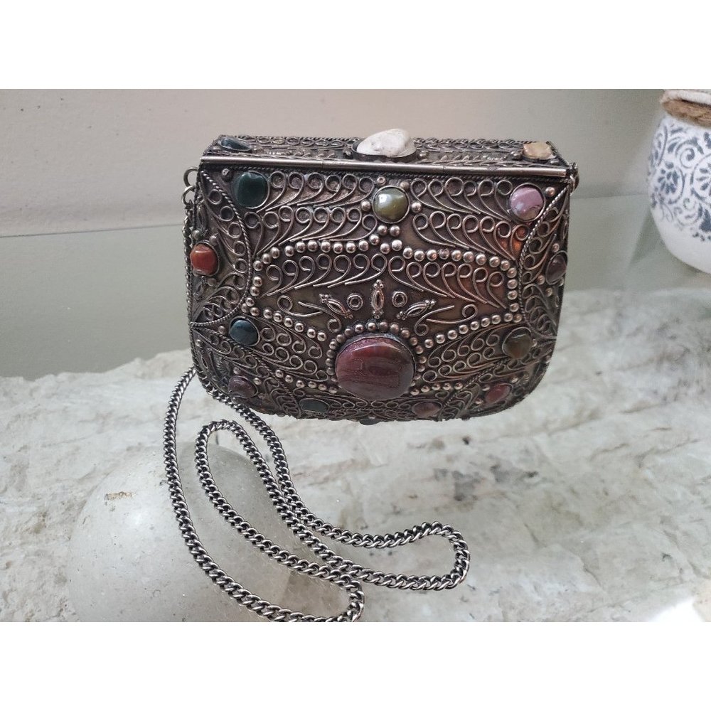 Vintage A' Sajai Metal Purse with Natural Agate Stones & Chain Strap
